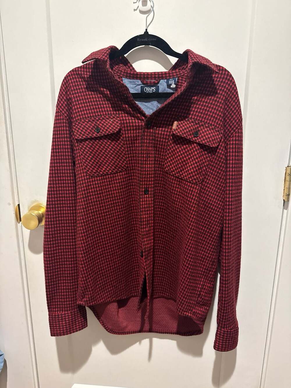 Chaps Men's Red and Black Micro-Check Flannel-Knit Button-Down Shirt Jacket